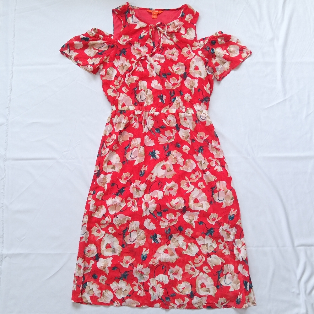 🪇2for$15 Ptp18" Cold Shoulder Short Sleeve Red Floral Long Dress - NWOT - Picture 5 of 9